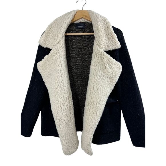 ZARA Knit Black Long Sleeve Faux Sherpa Collared Sweater Size L Open Pockets - Picture 5 of 13